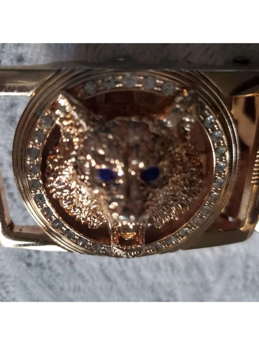 New Men XXL Black Heavy Duty Wolf Head Belt Gold Tone Rhinestone Blue Eyes